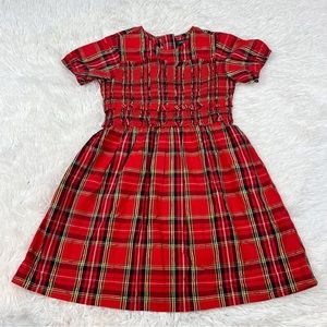 Crewcuts short sleeve tartan plaid smocked dress crew neck in holiday red